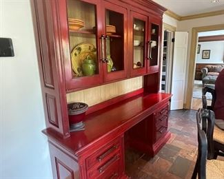 Server/Desk with Hutch.  Distressed Red with Chicken Wire Screen.  