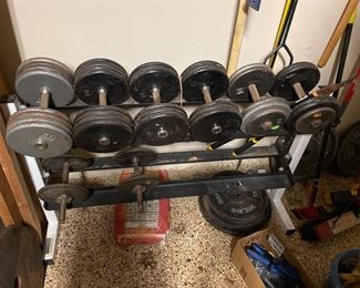dumbbells, workout 45 pound plates