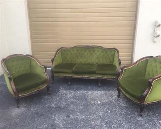 3 Pieces- Victorian Settee & Chairs- tufted backs