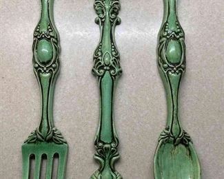 02 Vintage Ceramic Green Hanging Utensils And Lidded Glass With Green Floral Print