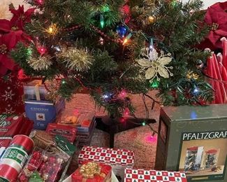 Christmas Decor 4ft Artificial Tree, 2 Faux Poinsettia Arrangements, Floating Candle Set, Vintage Ornaments, CDs, And More