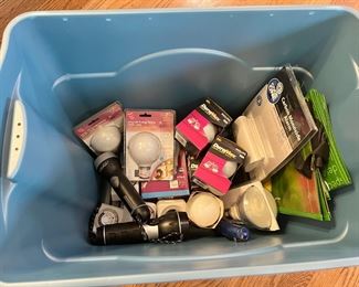 Blue Storage Tote, Carbon Monoxide Detector, Lightbulbs, More