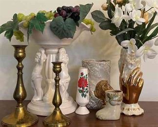 Decor Of Greek Inspiration Vases, Brass Candlestick Holders 10 and 8in, and More