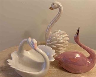 Fitz And Floyd Swans In Love Trinket Dish And 2 Vintage Iridescent Porcelain Swans