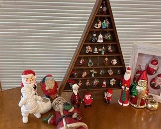 Hallmark Wooden Tree With Collectible Tiny Ornaments And Santas From Many Eras