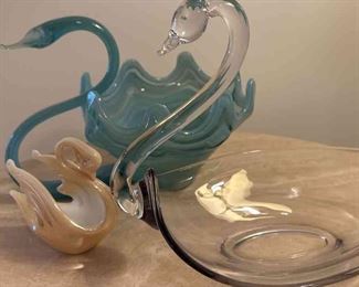 MCM Hand Blown Aqua Art Glass Swan Centerpiece, Vintage Duncan Miller Clear Art Glass Swan Bowl
