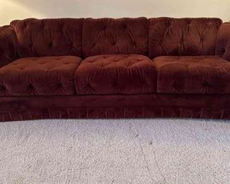 Mid Century Burgundy Velour Tufted Sofa, Plush And Cushy In Excellent Condition