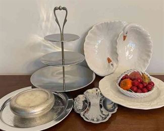 SilverColored Tabletop Tier Made In USA, Serving Trays, Ceramic Fruit Bowl, And Swan Dish