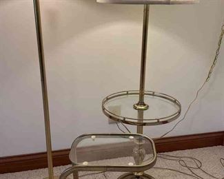 Two Vintage Brass Floor Lamps 1 With Attached Round Glass Table, The Other With An Adjustable Arm