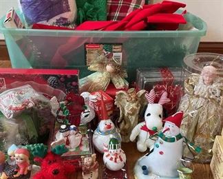 Vintage Christmas Decor Garlands, Faux Snow, Figurines, Miniature Wooden Ornaments, And More