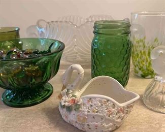 Vintage Green Glass And Swan Decor Porcelain, Glass Dinner Bell And Serving Bowl