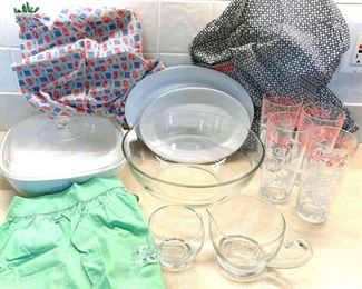 Vintage Kitchen Corningware, 3 Vintage Aprons, Oneida Platters, Large Duralex Bowl Made In France