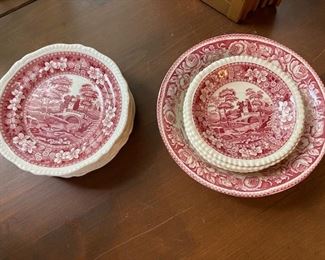 Red and White Spode pattern - set is a mostly complete service for eight
