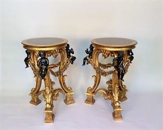 Pair Of Neoclassical Style Giltwood Tripod Plant Stands Or Side Tables With Marble, 20th Century
