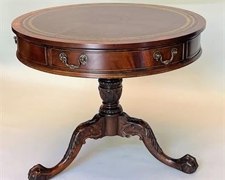 Southhampton Round Chippendale Style Mahogany Leather Top Carved Wood Drum Table, C. 1990s