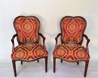 Pair 18th Century-Inspired Carved And Upholstered Armchairs, Late 20th Century