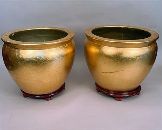 Pair Gold Glazed Ceramic Planters On Stands, Modern