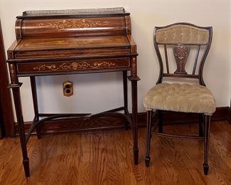 Edwardian Inlaid Ladies Cylinder Writing Desk And Chair, England Or America, C. Early 20th Century
