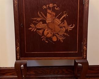 Vintage Marquetry Inlaid Music Cabinet, C. Early-mid 20th Century