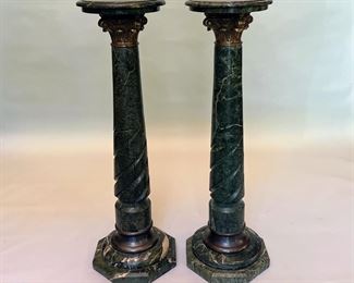 Pair Of Green Marble Pedestals Or Plant Stands In The Classical Style, Modern