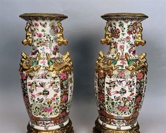 Pair Of Chinese Export Gilt-bronze Mounted Rose Medallion Style Vases, C. Mid-20th Century