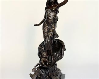 Spelter Or Mixed Metal Statuette Of Classical Female Figure On Marble Base