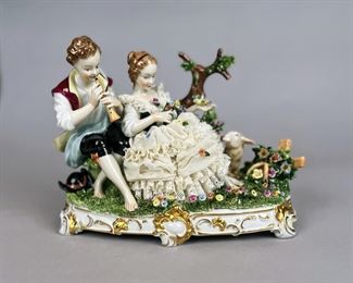 Unterweissbach Porcelain Crinoline Lace Flute Player & Girl With Lamb, Germany, C. 1958-1976
