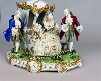 Unterweissbach Crinoline Lace Figural Group, The Elegant And Her Suitors, Germany, C. 1958-1976