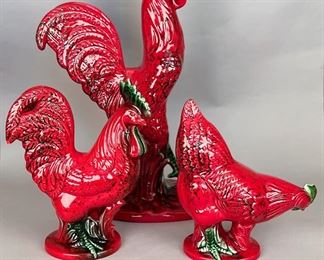 Three Royal Haeger USA Ceramic Red Rooster Figurines, C. Mid-20th Century
