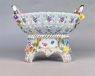 KPM Porcelain Floral Woven Two Handled Basket On Pedestal