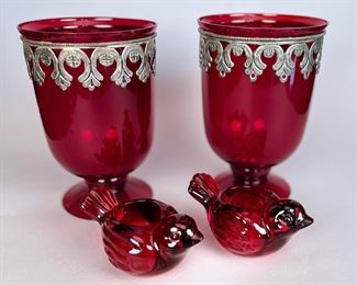 Pair Of Red Pewter-mounted Hurricane Candle Holders And Pair Of Red Bird Votives