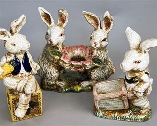 Group Of Three Spring Bunny Ceramic Statuettes