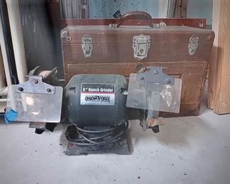 Bench Grinder and Wooden Toolbox 