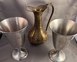 Stieff pewter goblets and etched brass pitcher