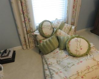 Rose Tree bedding - queen size - comforter, 8 throw pillows;, 2 euro pillows, with matching valances (3) and 2 sets of matching draperies.