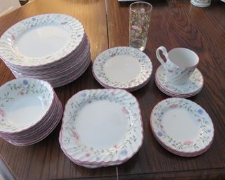 Summer Chintz Johnson Bro's Dish Set  (made in England) 12 dinner plates, 4 round salad plates, 8 small bowls, 4 round salad plates,  8 square salad plates, 12 cups,  4 saucers,  8 matching  drinking glasses 4 dessert plates