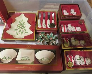 Lenox Christmas Dishes - service for 12 with multiple various pieces including candle holders. Comes with 2 matching lamps (new in the box).