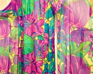Vintage 70s Psychedelic Print Chiffon Dress with Floor Length Sleeves 