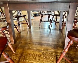 Round wood dining table with lazy Susan, seats 10 chairs. Custom-made for client in NC. Table is 84” diameter (note that sides do not fold down).