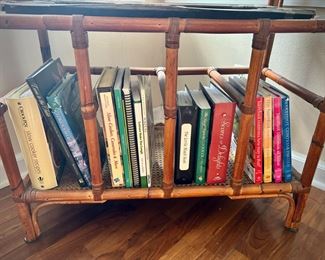 Vintage rattan bookcase with caned top and shelf