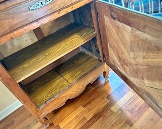 Antique French china cabinet with two cabinets and drawer. Made with square wooden pegs.