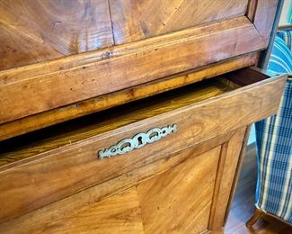 Antique French china cabinet with two cabinets and drawer. Made with square wooden pegs.