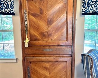 Antique French china cabinet with two cabinets and drawer. Made with square wooden pegs.