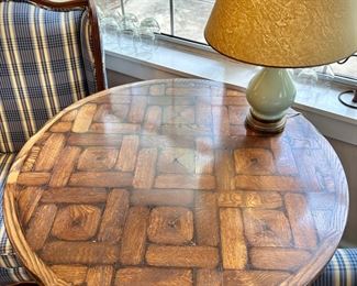 Custom antique wood table with inlays