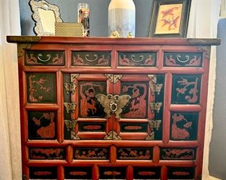Red Korean antique cupboard w/ 4 drawers