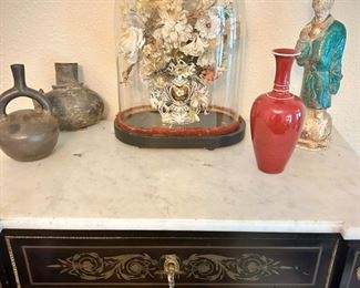 Napoleon lll French antique secretary/writing desk with ebonized wood, ormolu detail, white marble top, and five main drawers and two small drawers