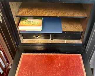 Napoleon lll French antique secretary/writing desk with ebonized wood, ormolu detail, white marble top, and five main drawers and two small drawers