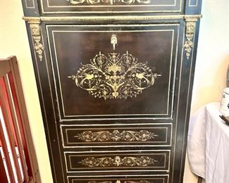 Napoleon lll French antique secretary/writing desk with ebonized wood, ormolu detail, white marble top, and five main drawers and two small drawers