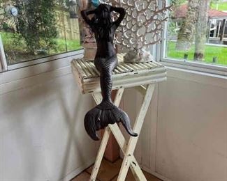 Cast metal mermaid, shell jar and faux coral, plant stand