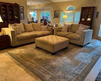 Cindy Crawford Sofa, Loveseat and Ottoman, Rosewood end tables, wool rug